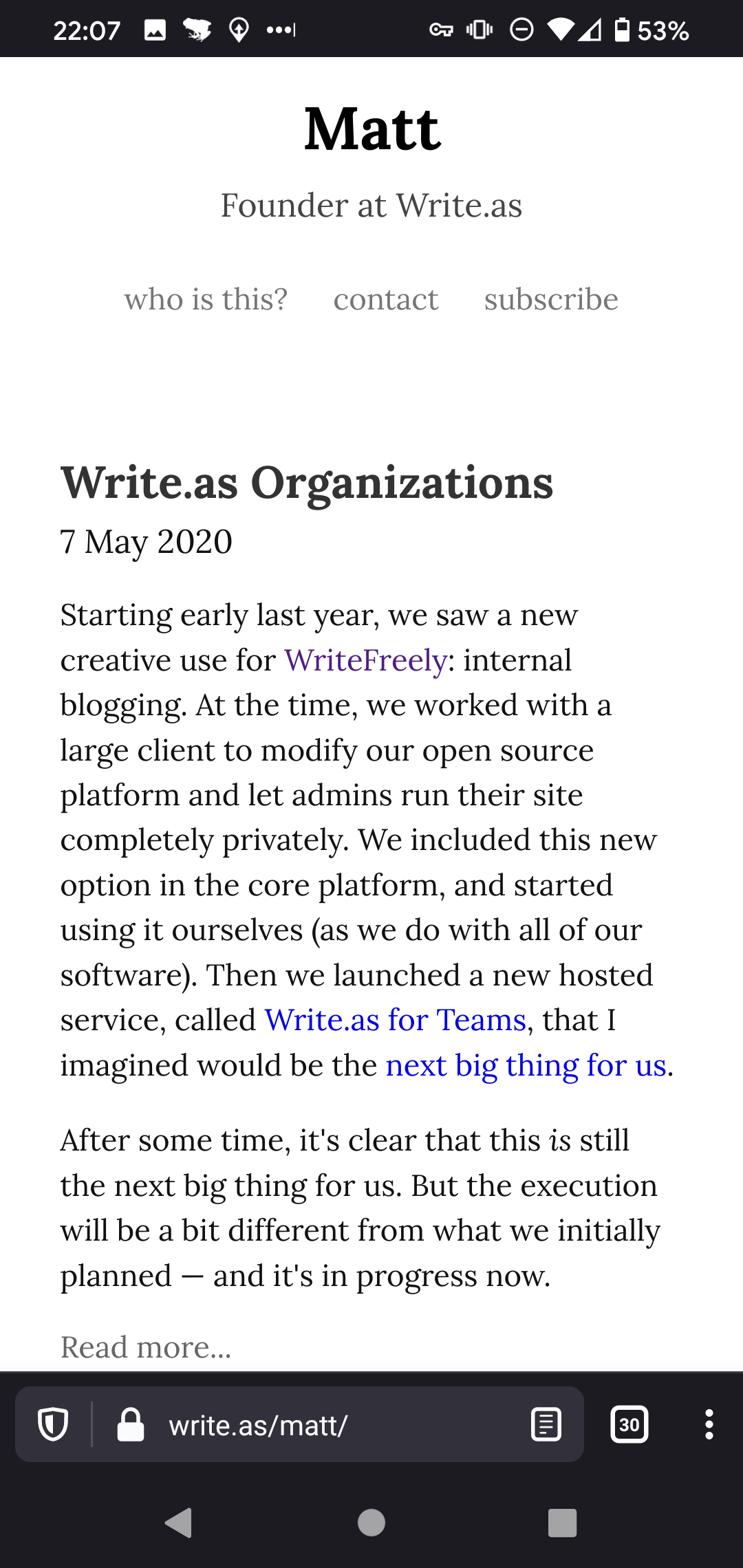 Screenshot of WriteFreely's mobile web interface